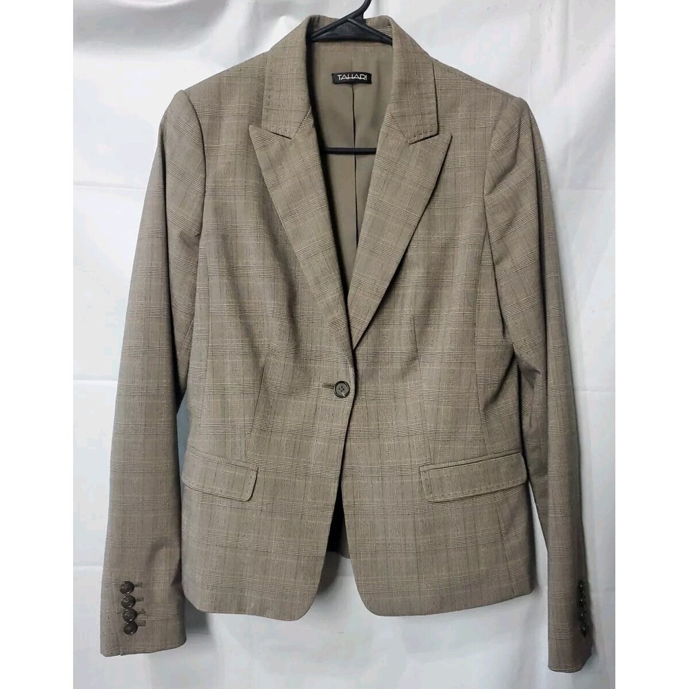 Tahari women's blazer jacket sz 8 Brown Gray Check Career Preppy Office Fall